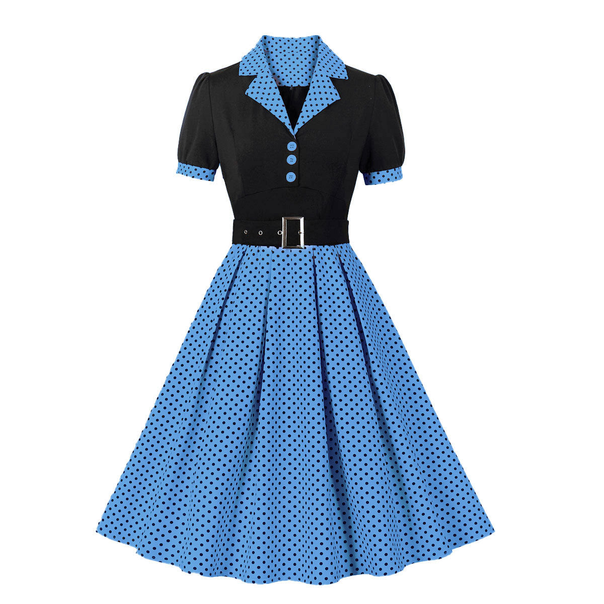 Women's Fashion Polka Dot Lapel Sleeve Belt Dresses