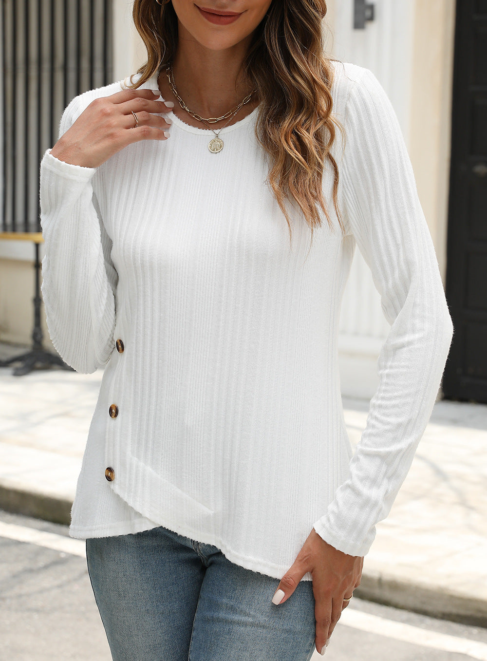 Women's Sunken Stripe Brushed Button Long-sleeved T-shirt Tops