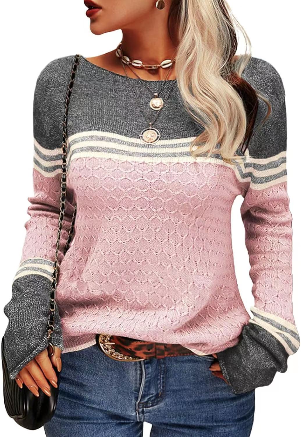 Women's Crocheted Long-sleeved Striped Crew Neck Knitted Sweaters