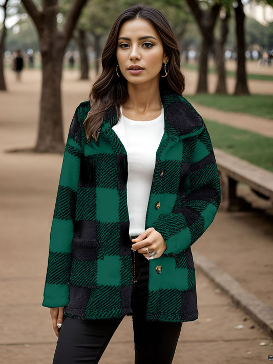 Women's Plush Long Sleeve Plaid Button Strip Coats