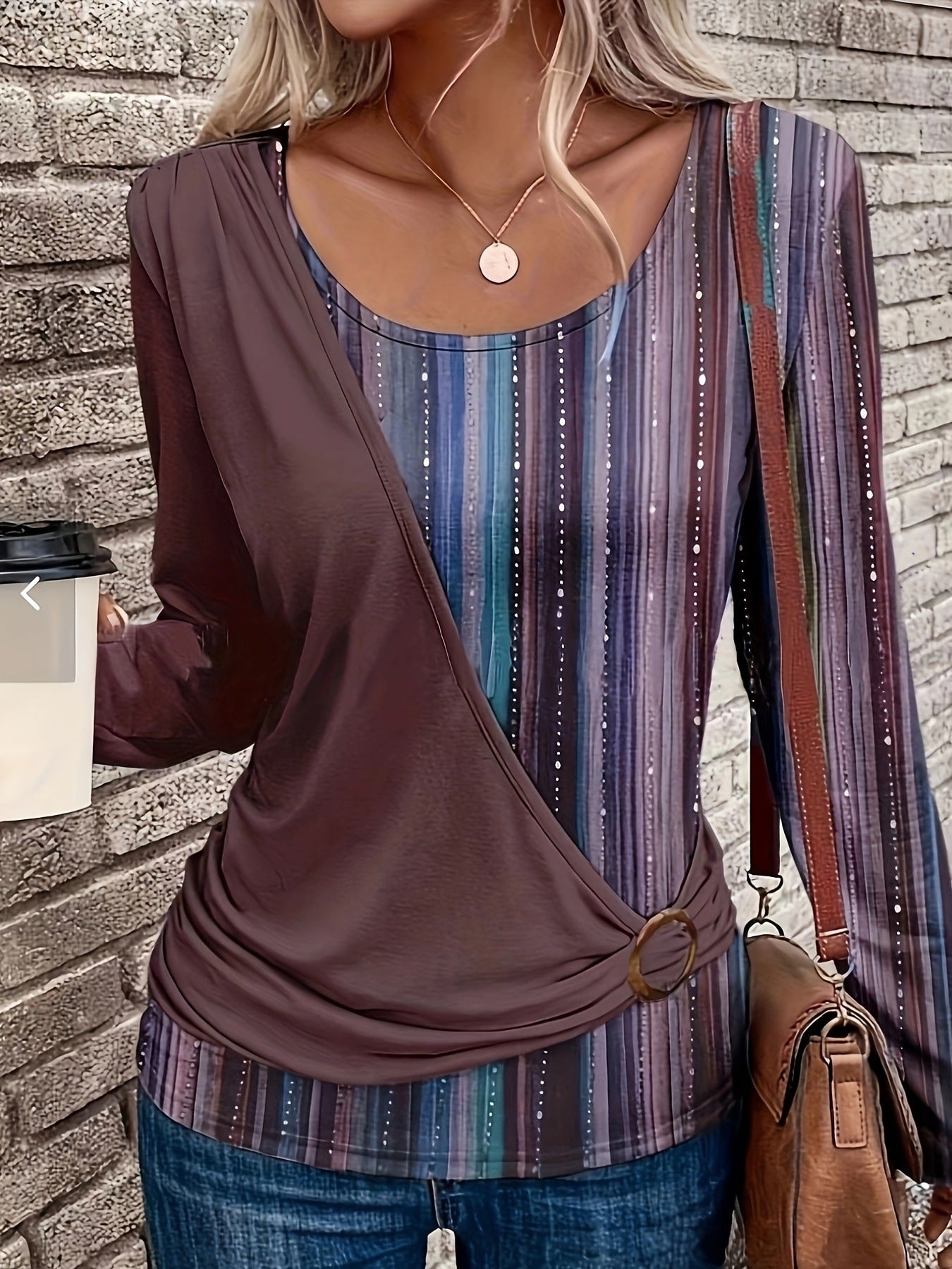 Women's Round Neck Solid Color Stitching Printing Blouses