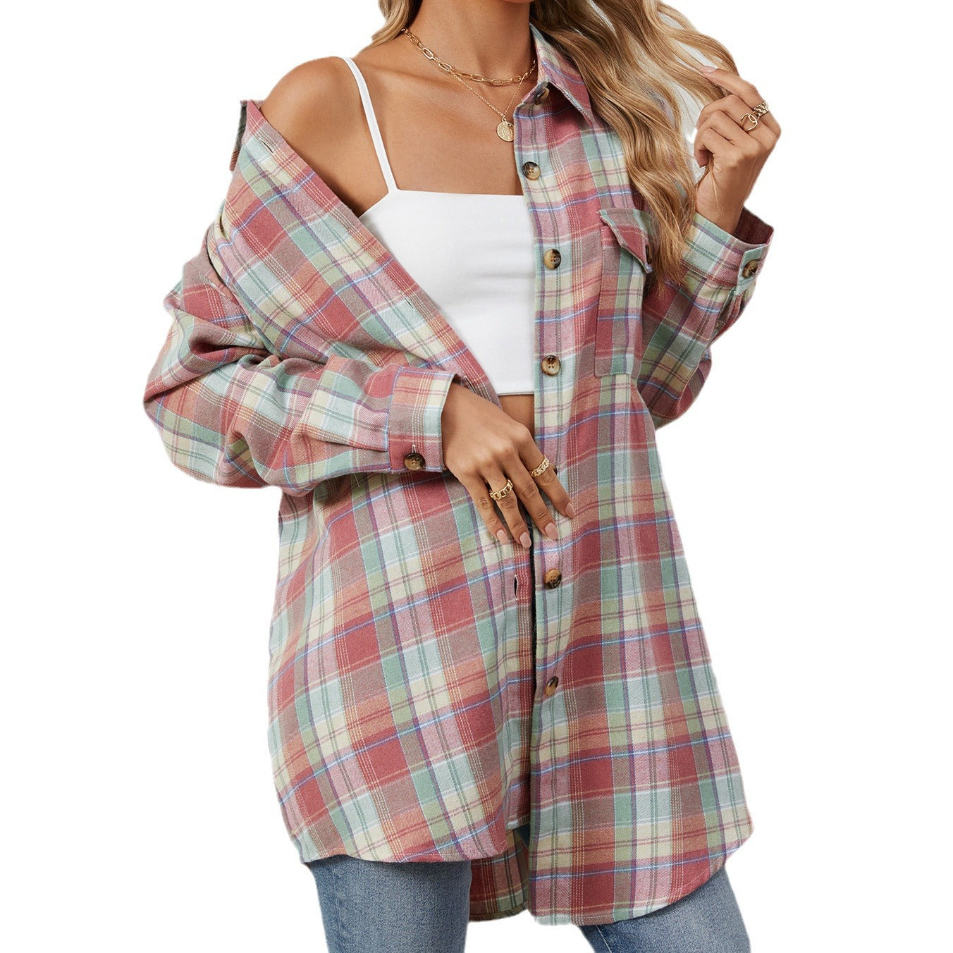 Style Plaid Shirt Brushed Long Sleeve Blouses