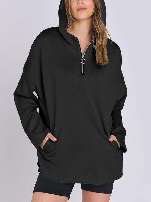 Sweat-shirt à capuche zippé à demi-col roulé pour femme