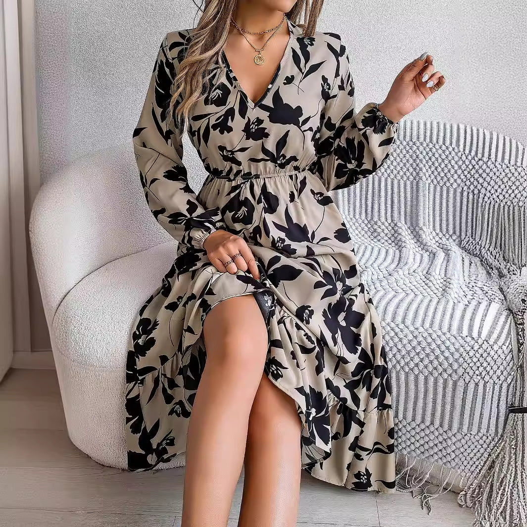 Women's Casual Flower Long Sleeves Ruffles Dress Clothing