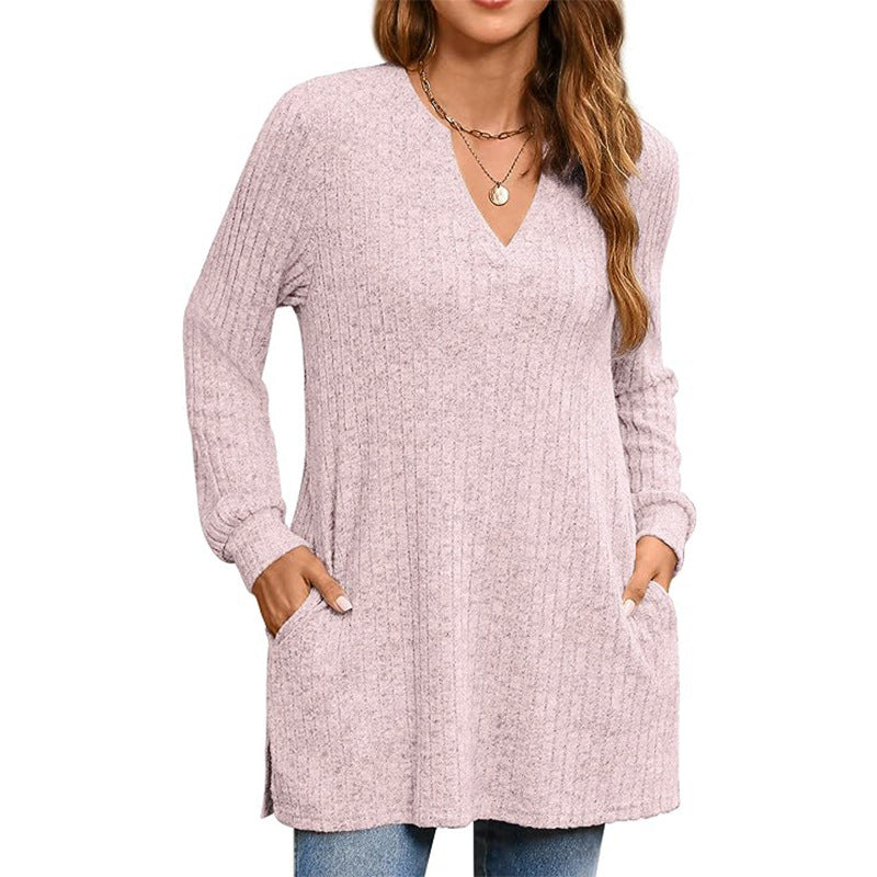 Women's Casual Long Sleeve Solid Color Side Slit Loose Knitwear