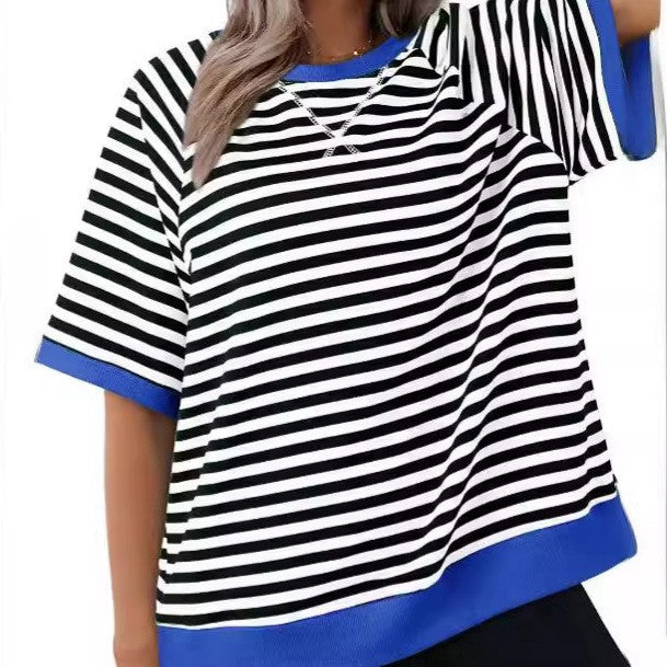 Casual Striped Loose T-shirt With Thread Blouses