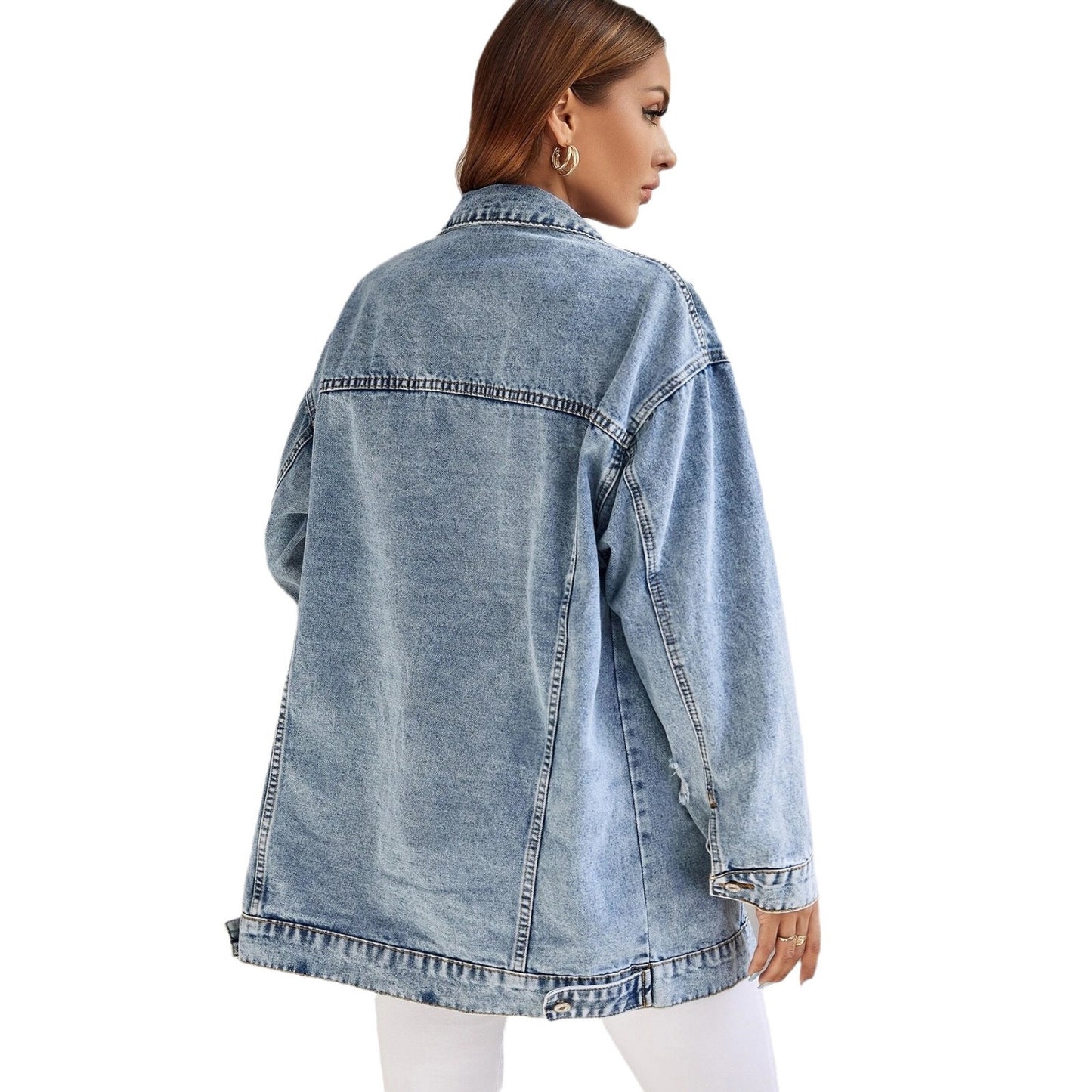 Women's Denim Ripped Distressed Loose Mid-length Coats