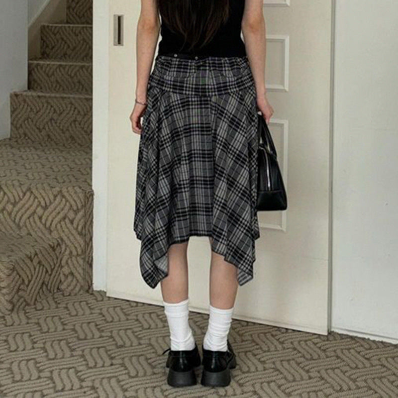 Style Plaid Contrast Color Irregular Retro Low Waist Skirts