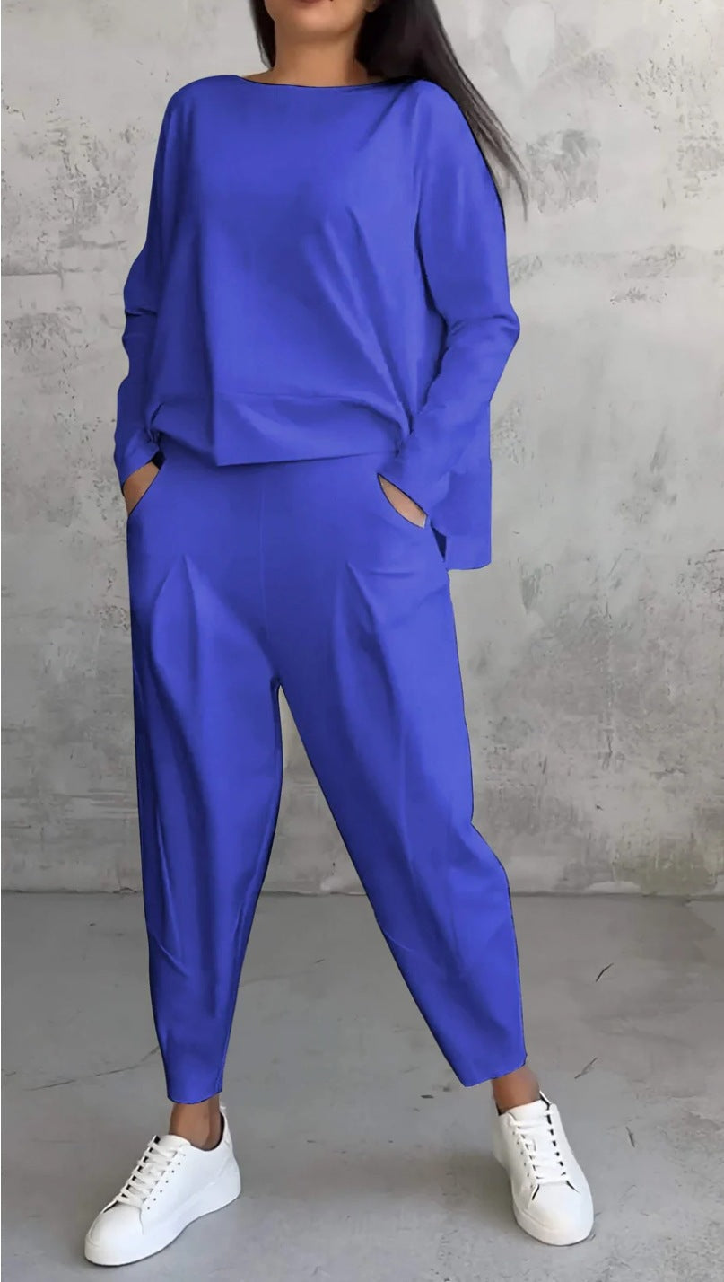 Women's Solid Color Round Neck Pocket Trousers Suits