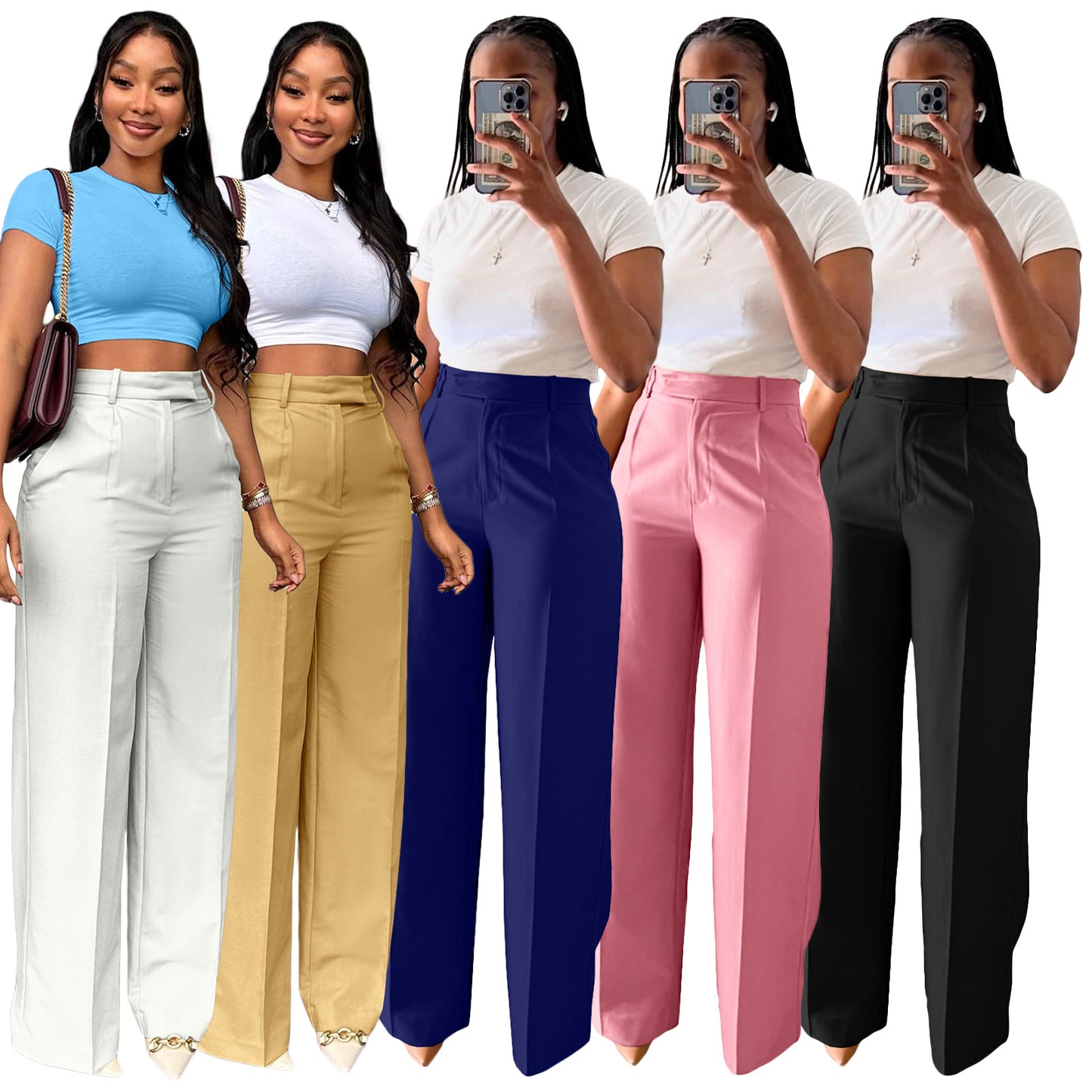 Women's Waist Straight Wide Leg Casual Trousers Pants