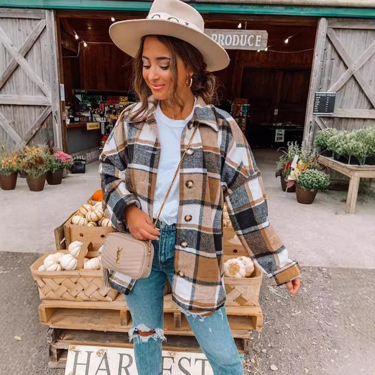 Women's Temperament Long Sleeve Lapel Loose Plaid Coats