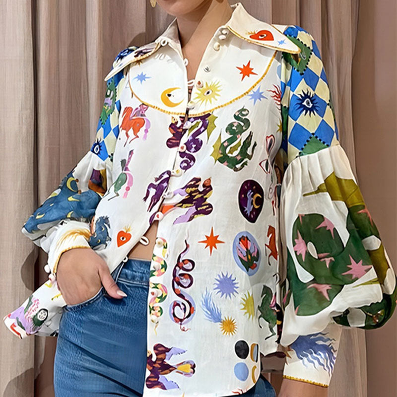 Women's Autumn Loose Iti Printing Lapel Lantern Blouses