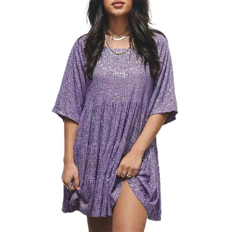 Sequins Round Neck Loose Waist Sleeves Dresses