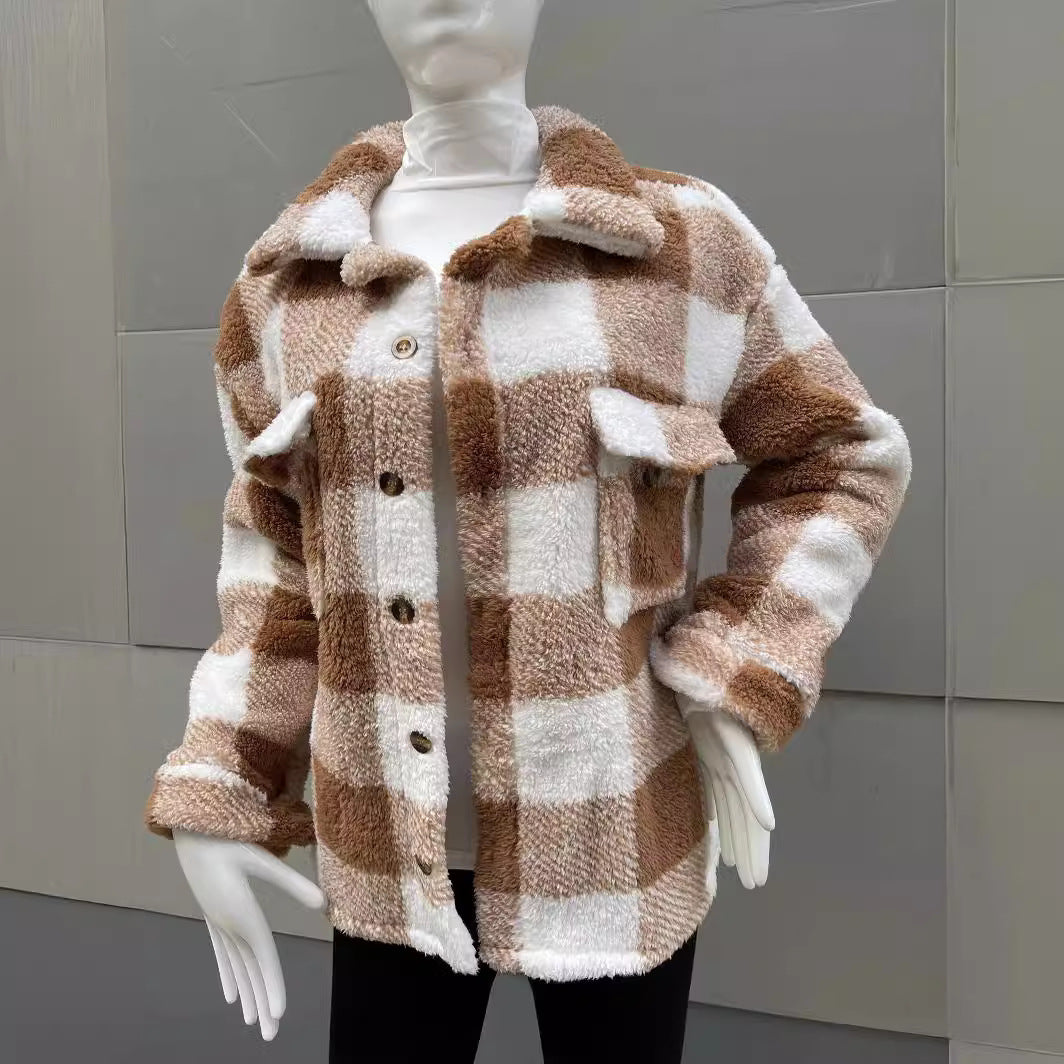 Women's Long Sleeve Double Pocket Plaid Furry Coats