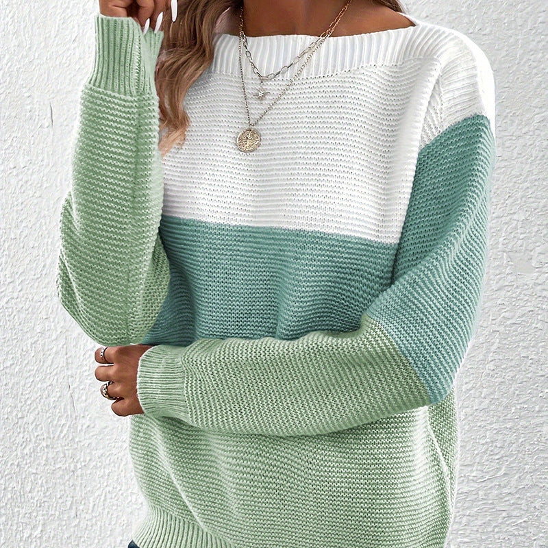 Women's Knitted Color Contrast Patchwork Round Neck Sweaters