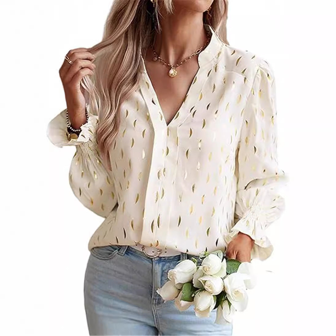 Cool Bubble Long Sleeve Waist Bronzing Blouses