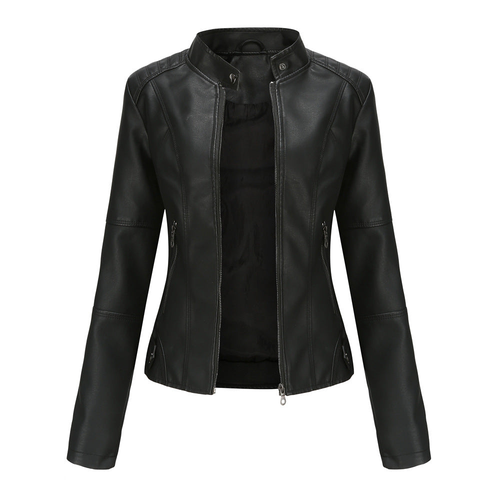 Women's European Leather Slim Thin Motorcycle Stand Jackets