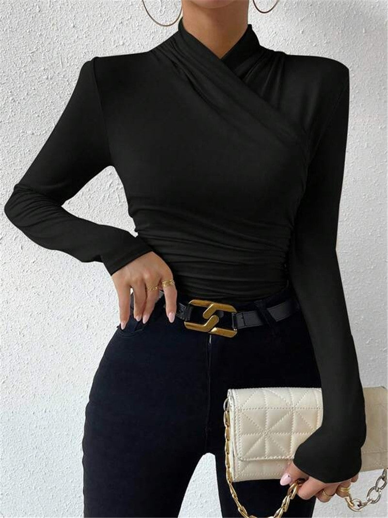 Design Cross Collar Slim Fit Pleating Blouses