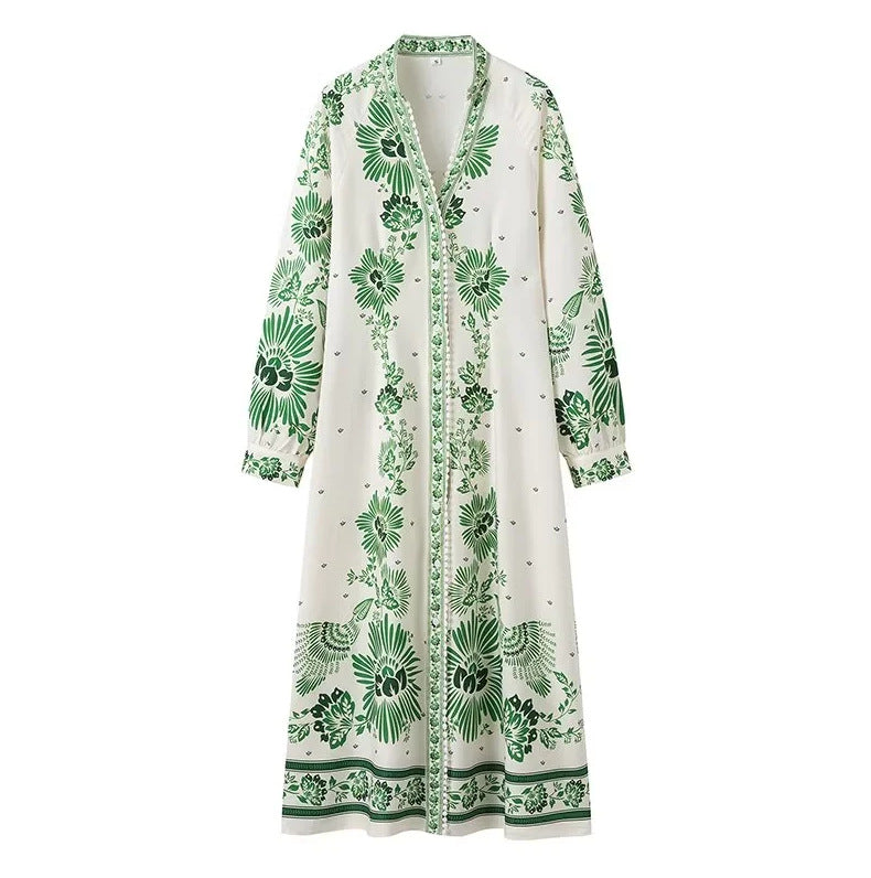 Women's Printed Loose Single-breasted Lantern Sleeve Vacation Dresses