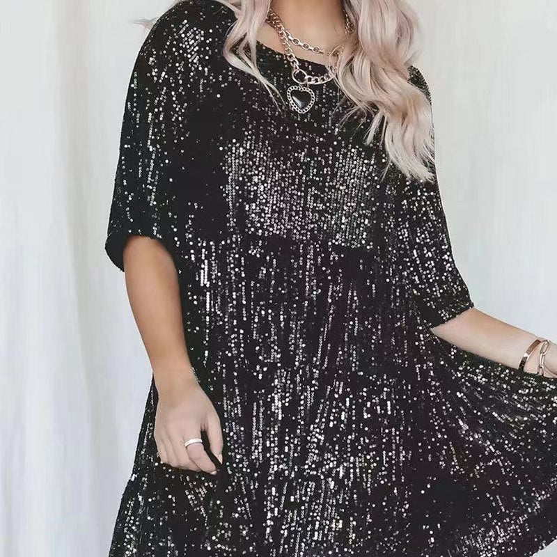 Sequins Round Neck Loose Waist Sleeves Dresses