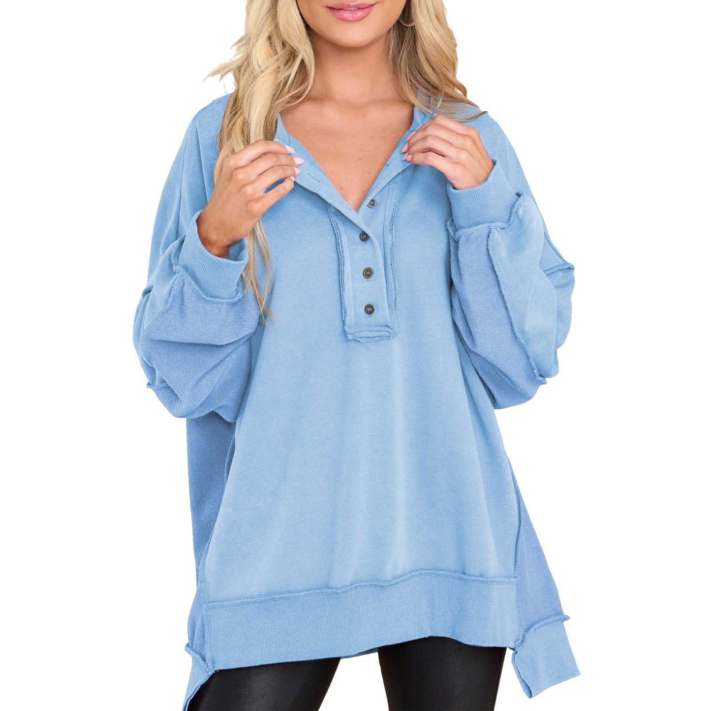 Pull ample à col rond et boutons de couleur unie pour femme