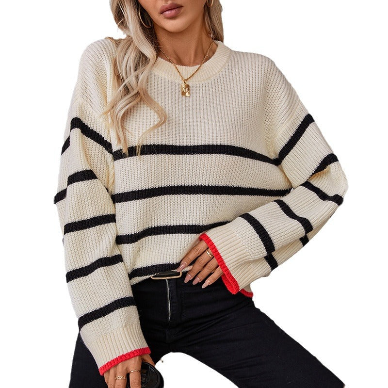 Women's Contrast Color Striped Pullover Casual Long-sleeved Sweaters