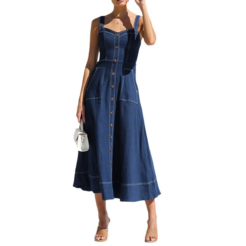 Strap Distressed Casual Style Button Denim Dresses