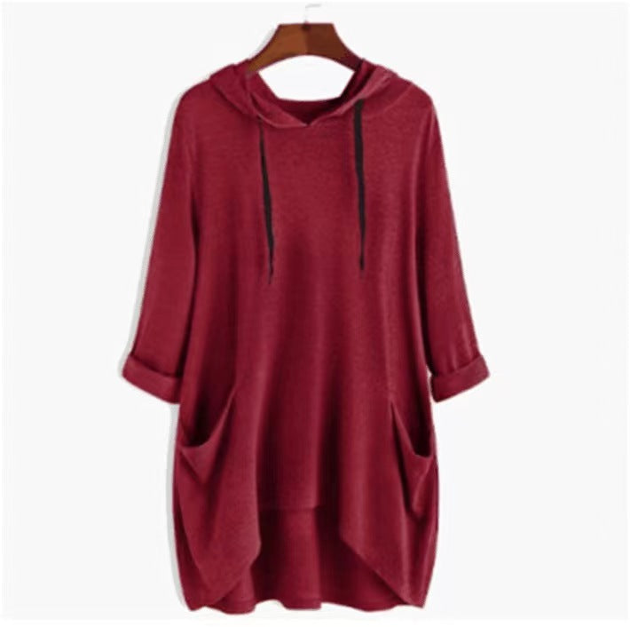 Women's Hooded Solid Color Loose T-shirt Irregular Sweaters