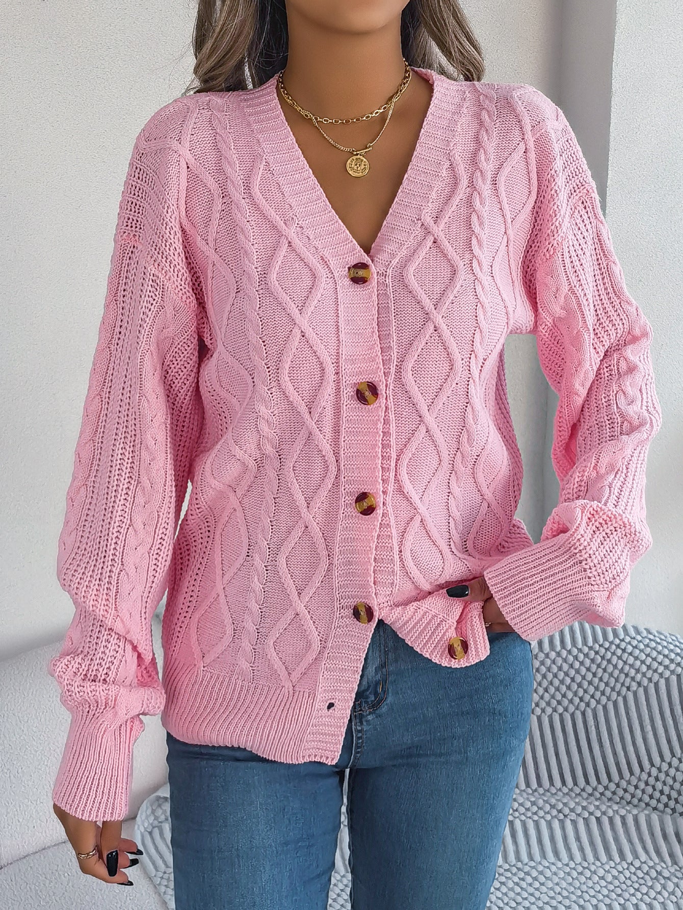 Women's Casual Lantern Sleeve Twist Button Cardigans