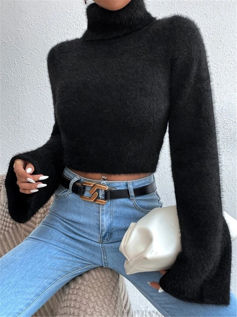 Classic High Neck Exposed Navel Plush Sweaters