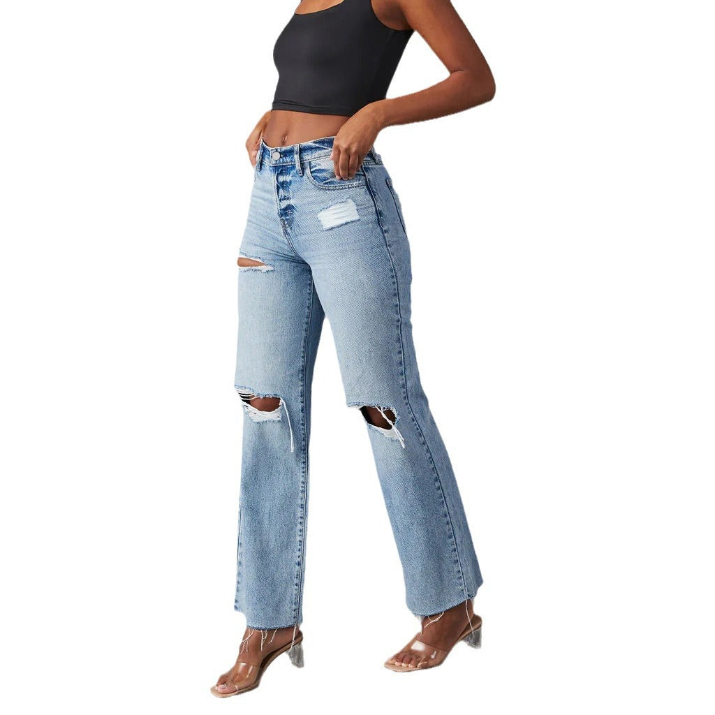 Women's Ripped Raw Hem Leisure Washed-out High Jeans