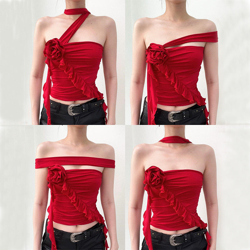 Women's Design Three-dimensional Flower Multiple Wear Slim Tops