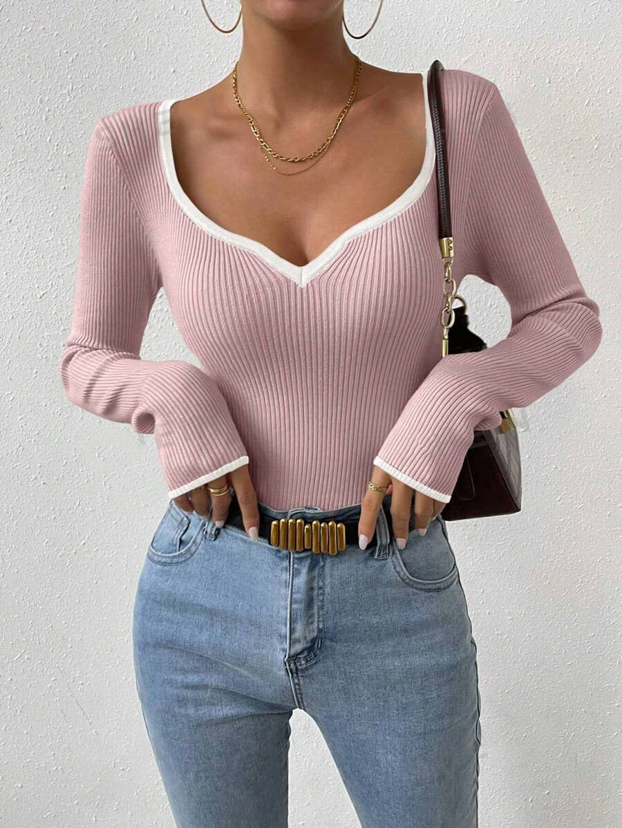 Women's Hemming Vertical Pattern Sunken Stripe Slimming Knitwear