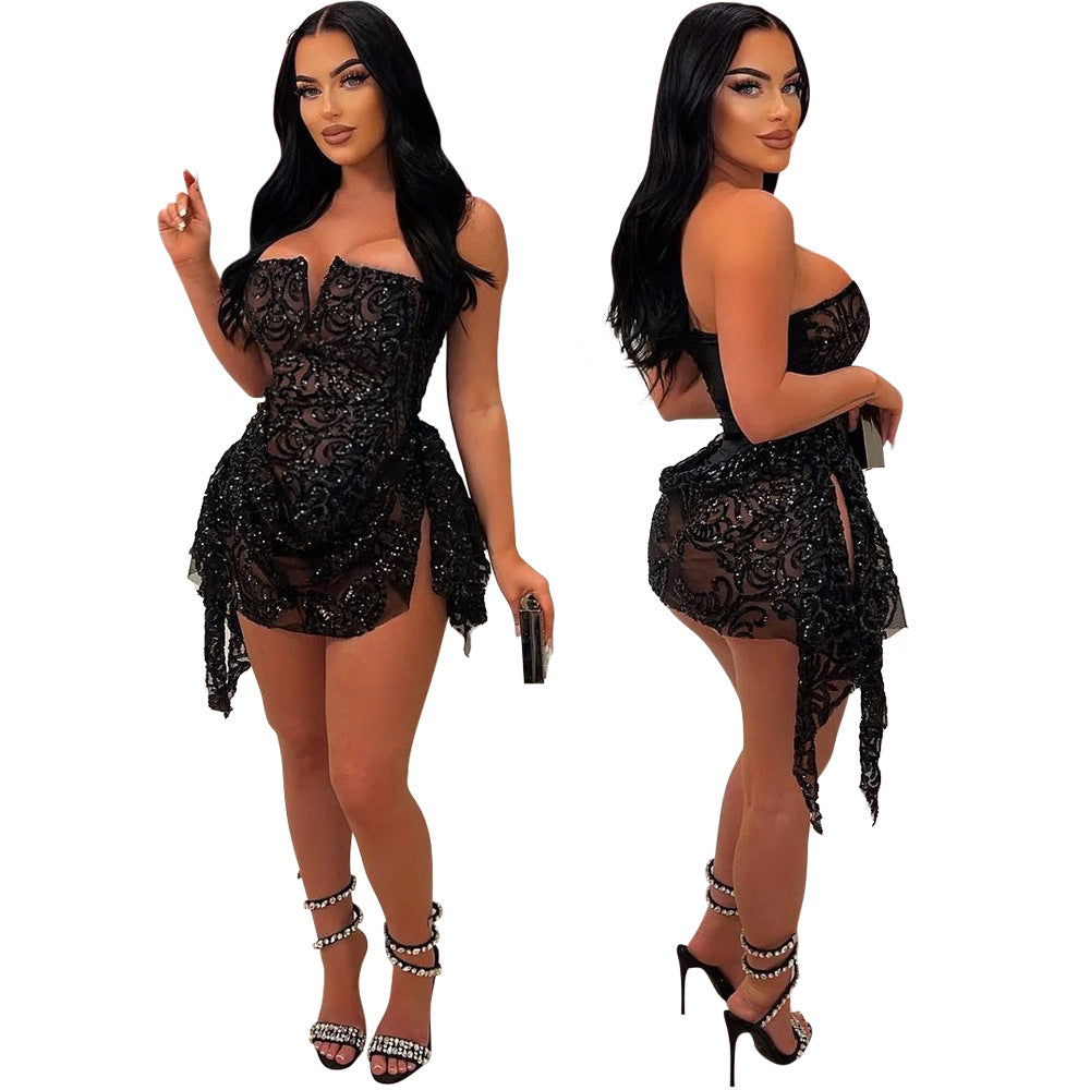 Women's Sexy Tube Sequins Dress Fashion Irregular Dresses