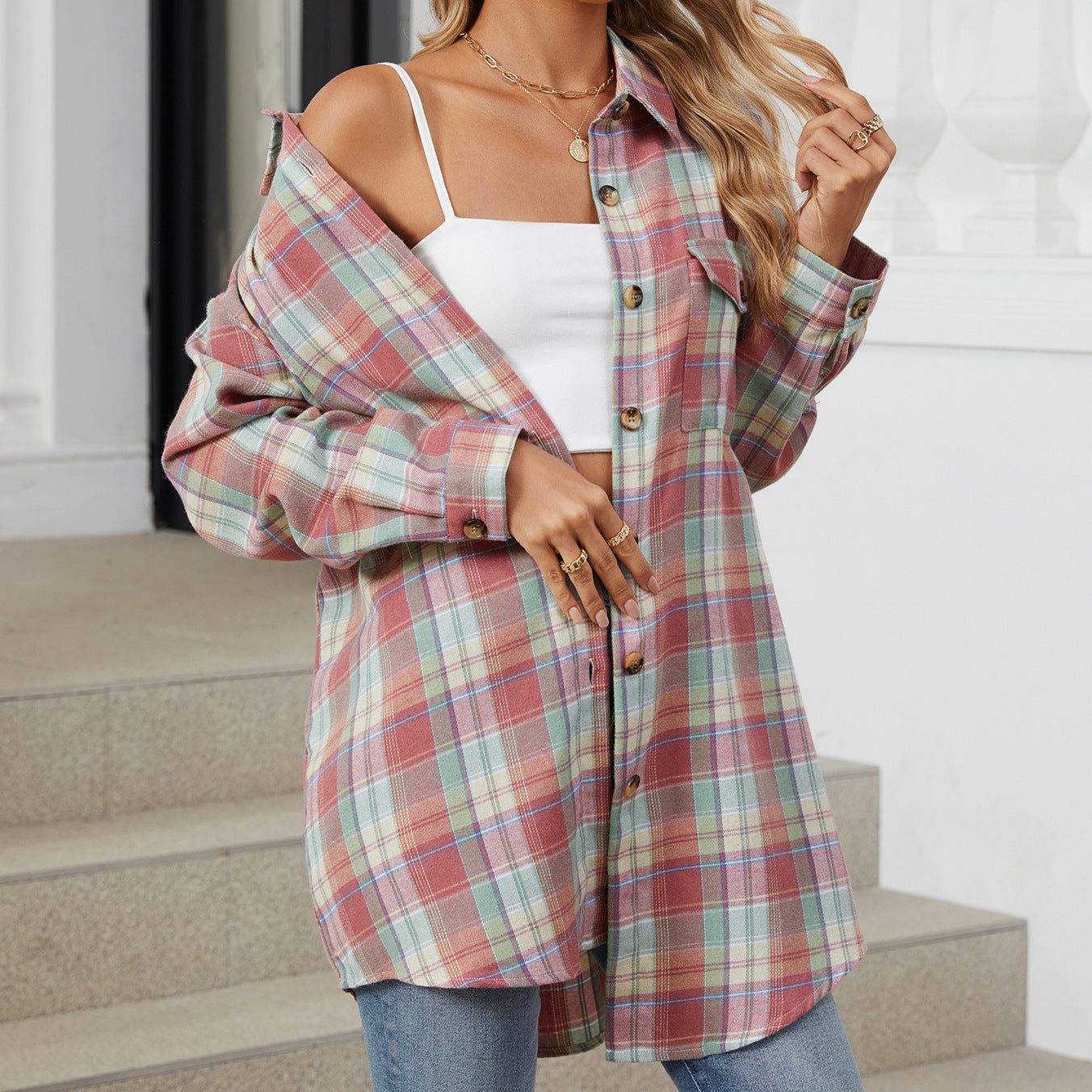 Style Plaid Shirt Brushed Long Sleeve Blouses