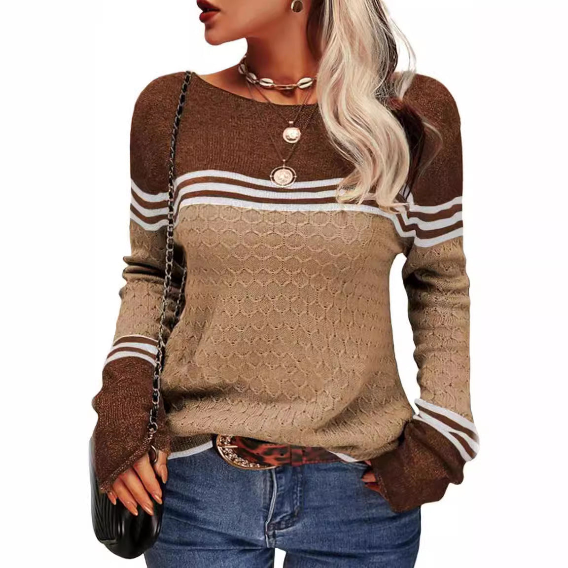 Women's Crocheted Long-sleeved Striped Crew Neck Knitted Sweaters