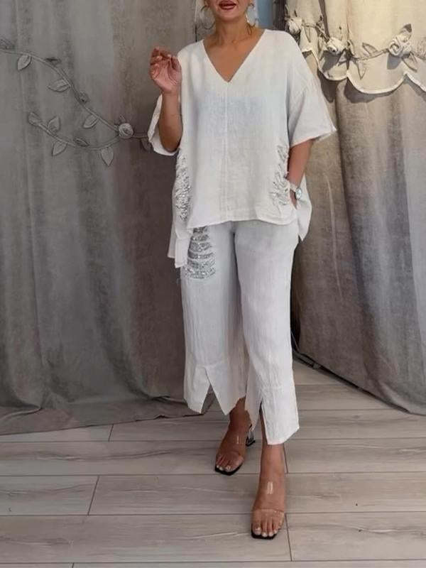 Casual Cotton Linen Ripped Sequins Irregular Suits