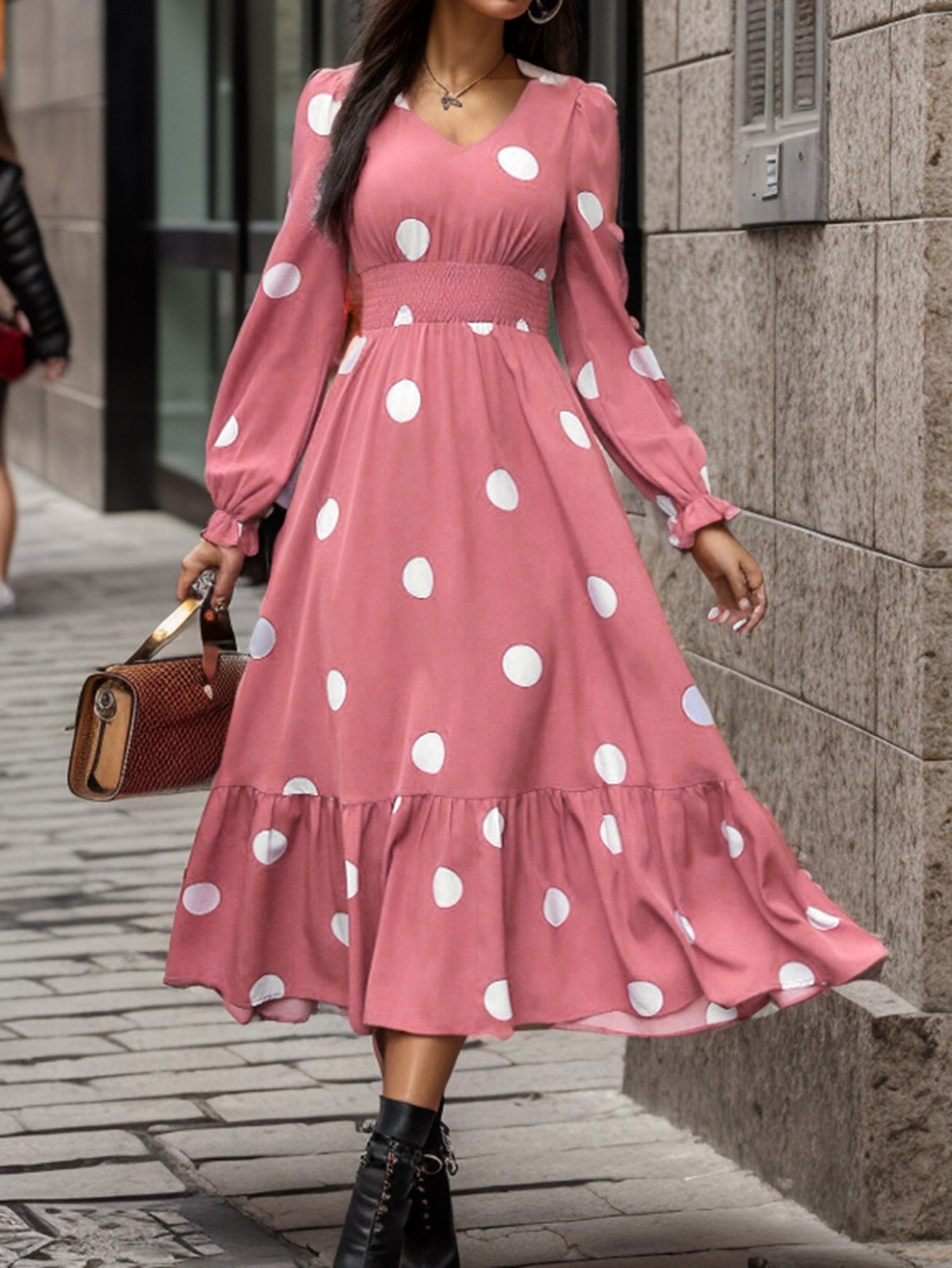 Women's Polka Dot Printed Long Sleeve Big Dresses