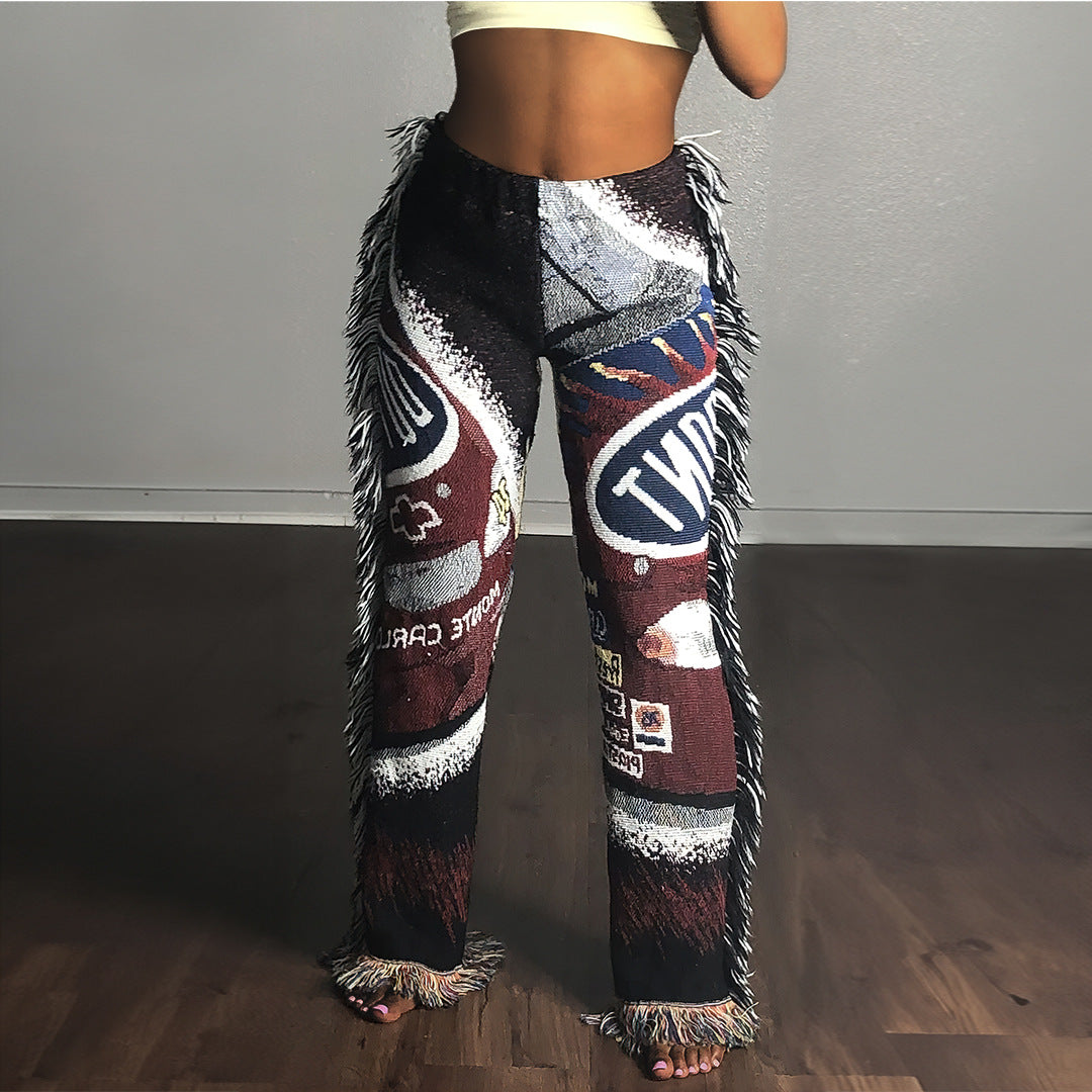 Women's Autumn Casual Fashion Colorful Pattern Tassel Pants