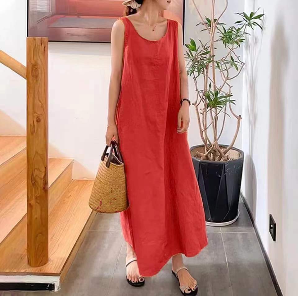 Women's Summer Long Strap Cotton Linen Simplicity Style Loose Pockets Dresses