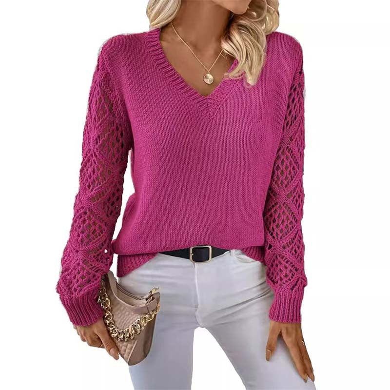 Women's Solid Color Hollow Mesh Sleeve Pullover Knitwear