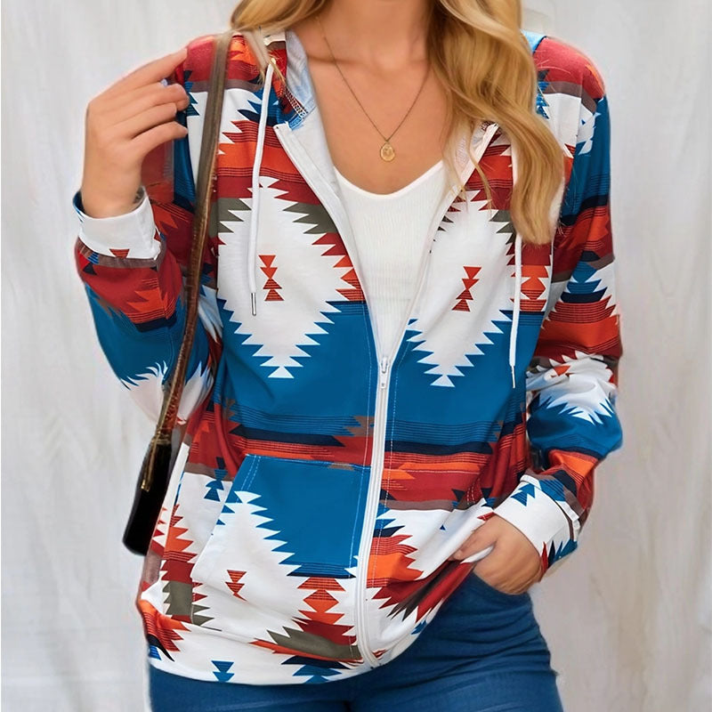 Fashion Casual Pattern Printed Long Sleeve Loose Hooded Pocket Jackets