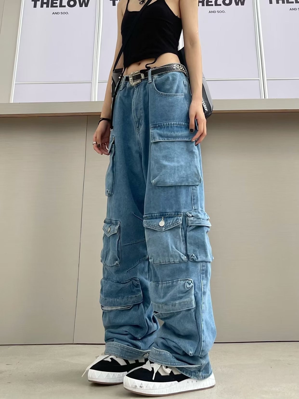 Women's Fashion Zipper Light Color Water Scrubbing Overalls Jeans