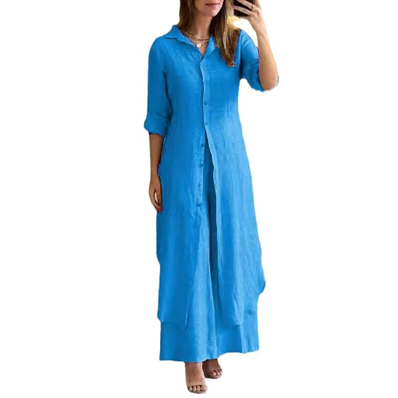 Elegant Cotton Linen Tight Waist Long Shirt Pants