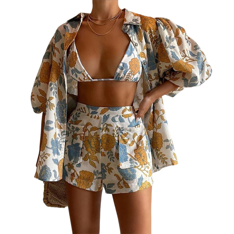 Women's Spring Fashion Printed Shirt Camisole Three-piece Suits