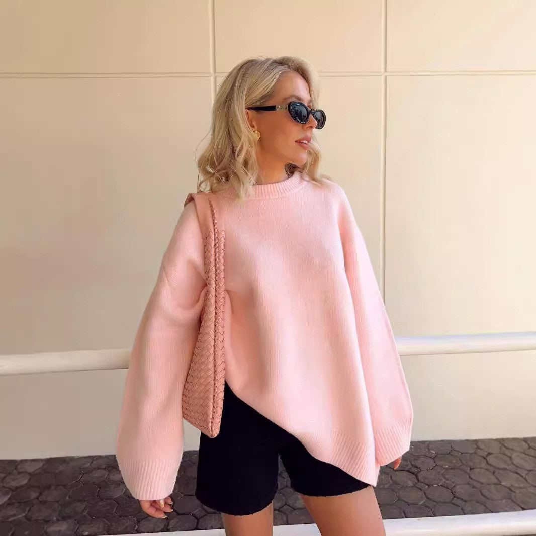 Women's Loose Pink Sweet Round Neck Casual Sweaters