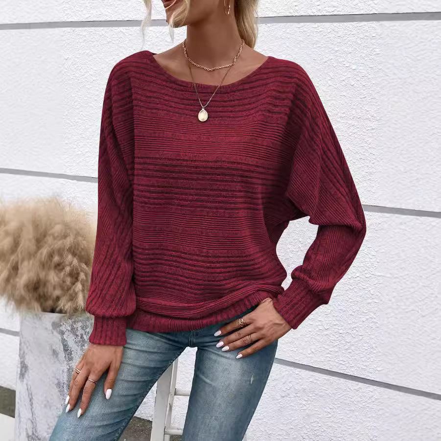 Women's Sunken Stripe Batwing Sleeve T-shirt Blouses