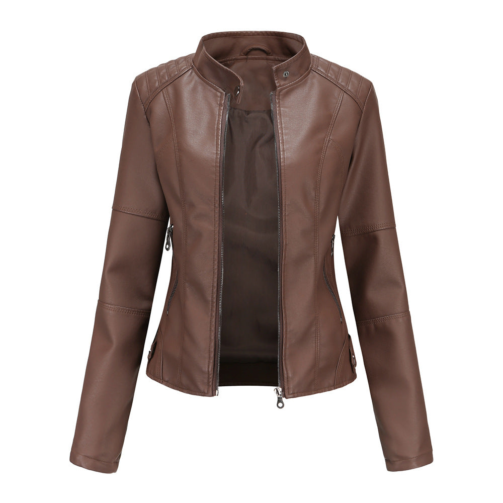 Women's European Leather Slim Thin Motorcycle Stand Jackets