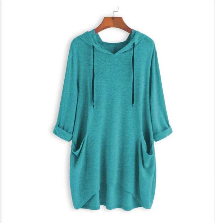 Women's Hooded Solid Color Loose T-shirt Irregular Sweaters