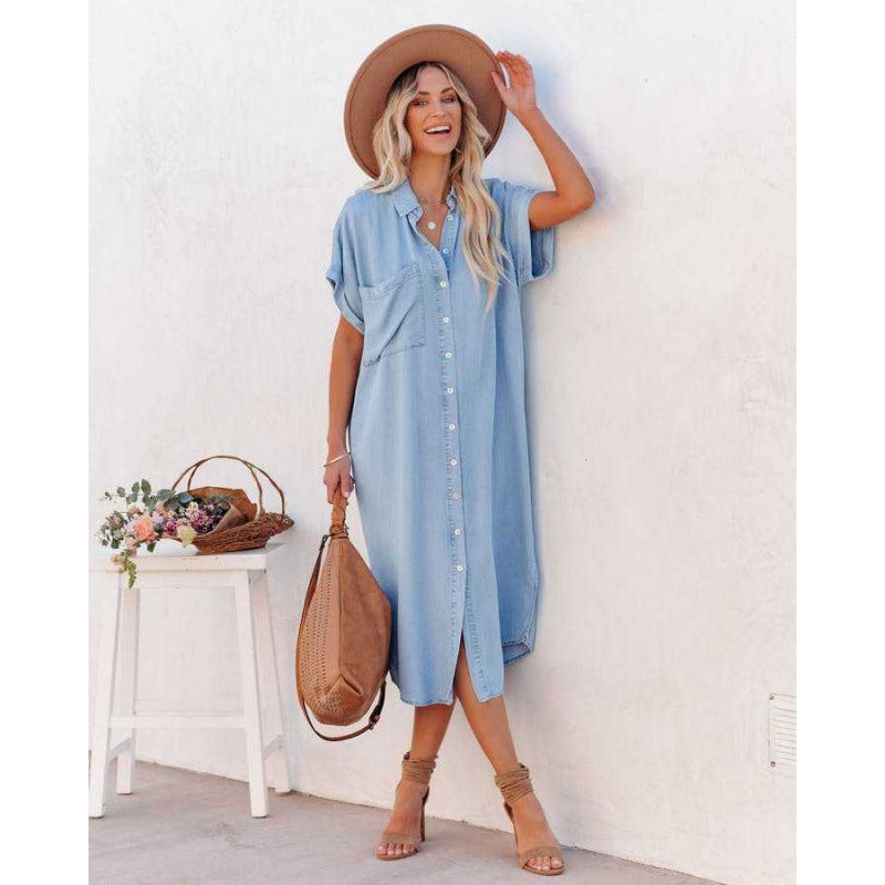 Fashion Solid Color Denim Sleeve Long Dresses